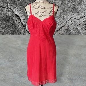 Vanity Fair Vintage Red Nylon Tricot & Lace Slip Size 34
